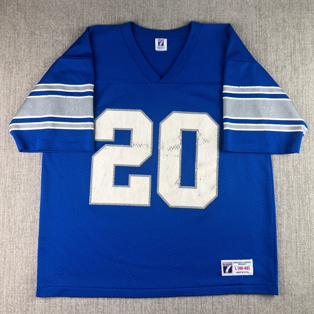 Vintage Logo 7 Detroit Lions Jersey Mens Large Blue 20 Barry Sanders 90s Mesh